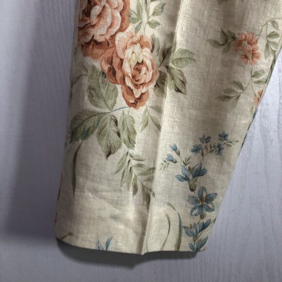 Talbots Pants Womens 10 Yellow Linen Floral Cottage Ankle Tapered Resort Vintage - Picture 4 of 12